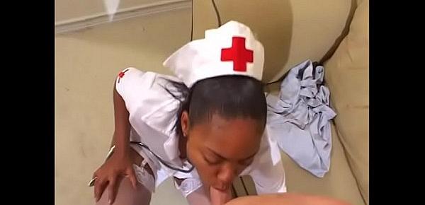  White dude bangs a cute ebony nurse in sexy white lingerie